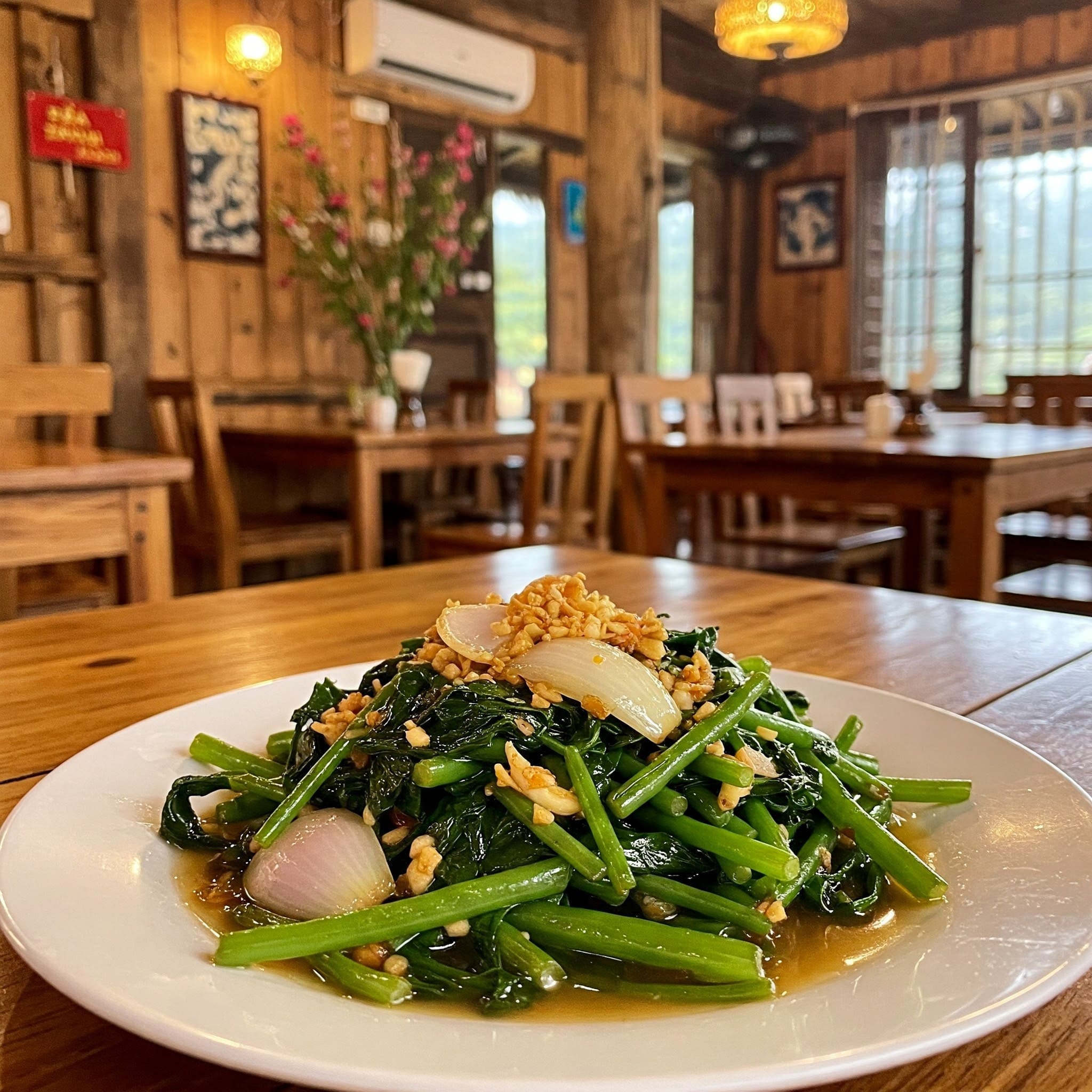 Cai Meo stir-fry, a Sapa specialty, served at Le Gecko Restaurant