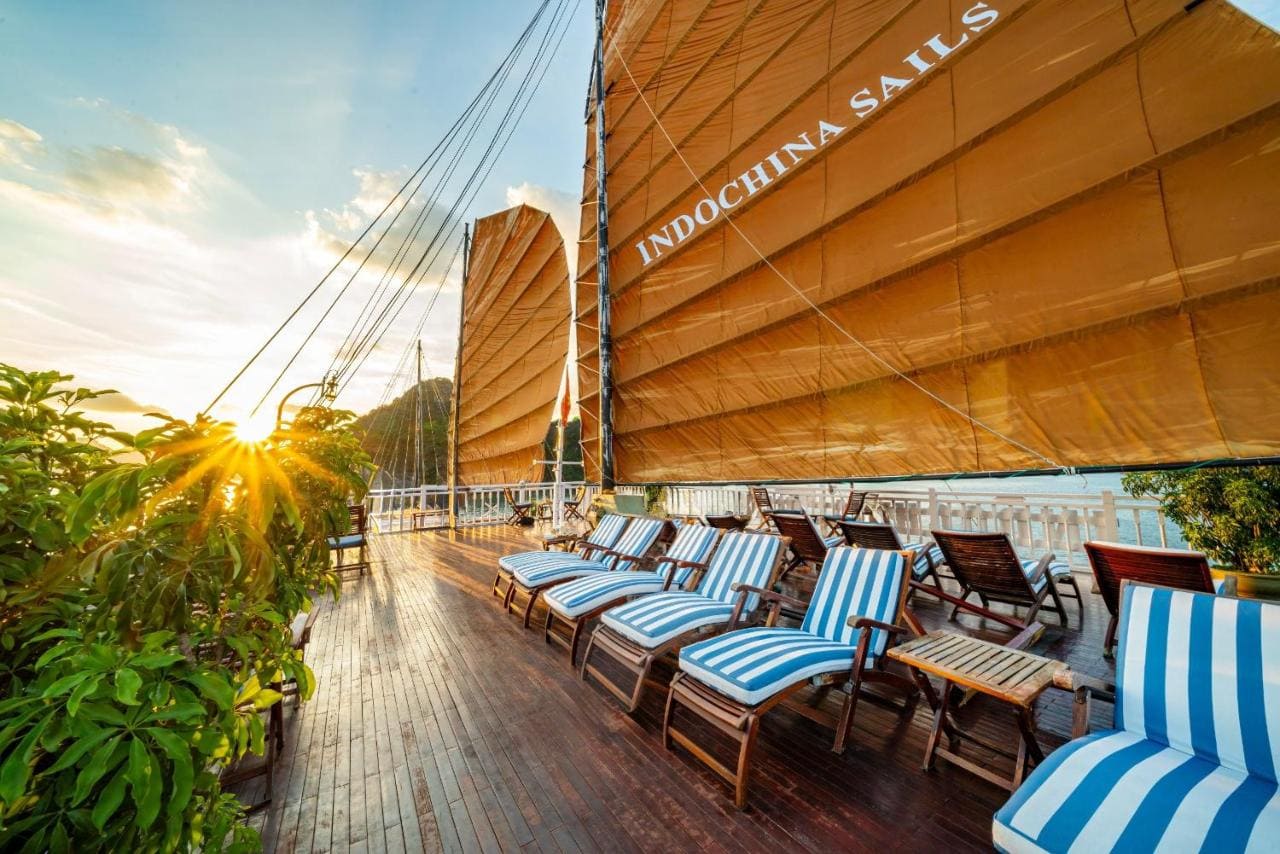 7 Best HaLong Bay Cruises for an Epic Journey 4 Luxury cabin on Indochina Sails cruise with private balcony and seafood, Ha Long Bay cruises