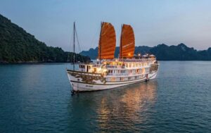 Luxury cabin on Indochina Sails cruise with private balcony and seafood, Ha Long Bay cruises