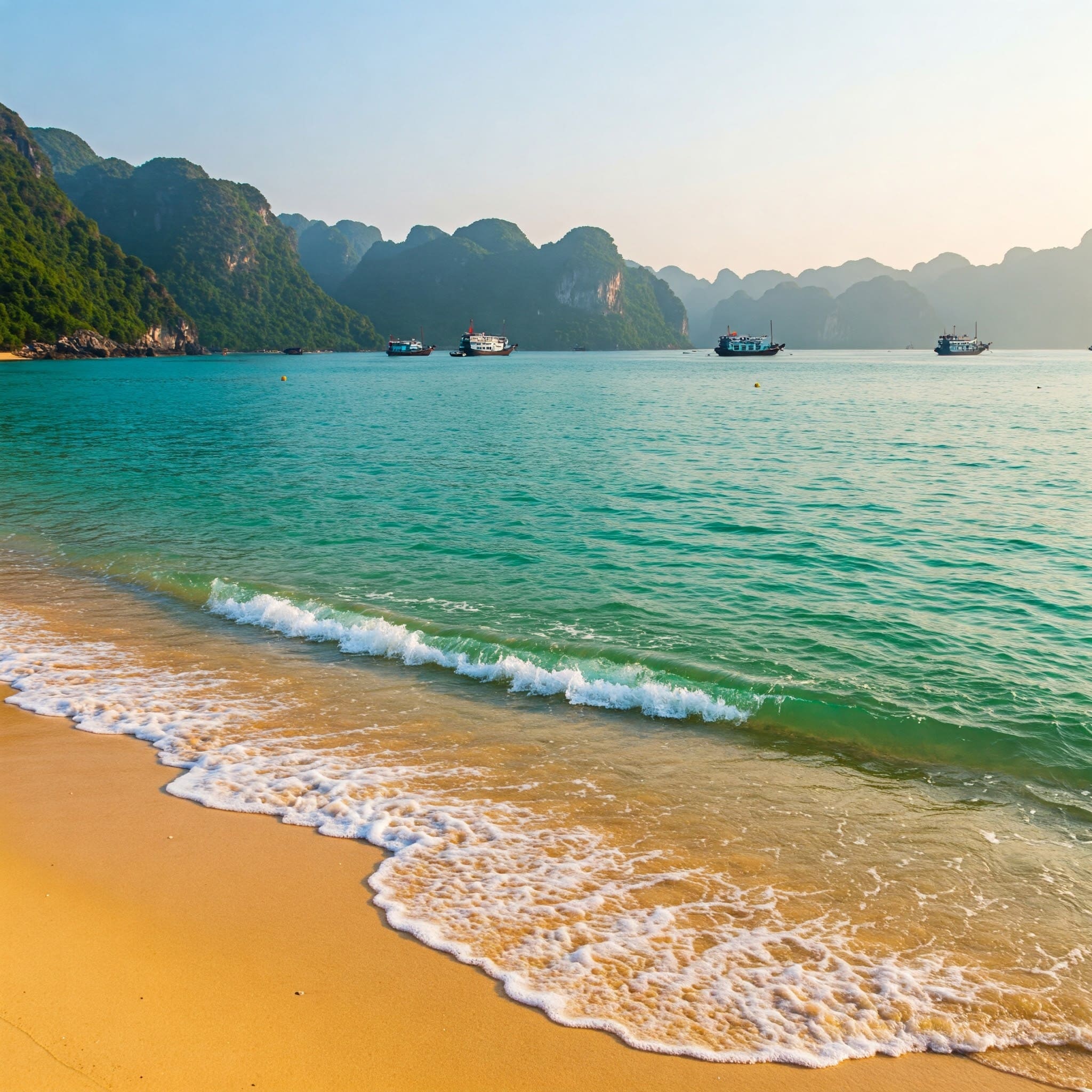 Golden sand and calm waves at Bai Chay Beach, a relaxing thing to do in Ha Long Bay