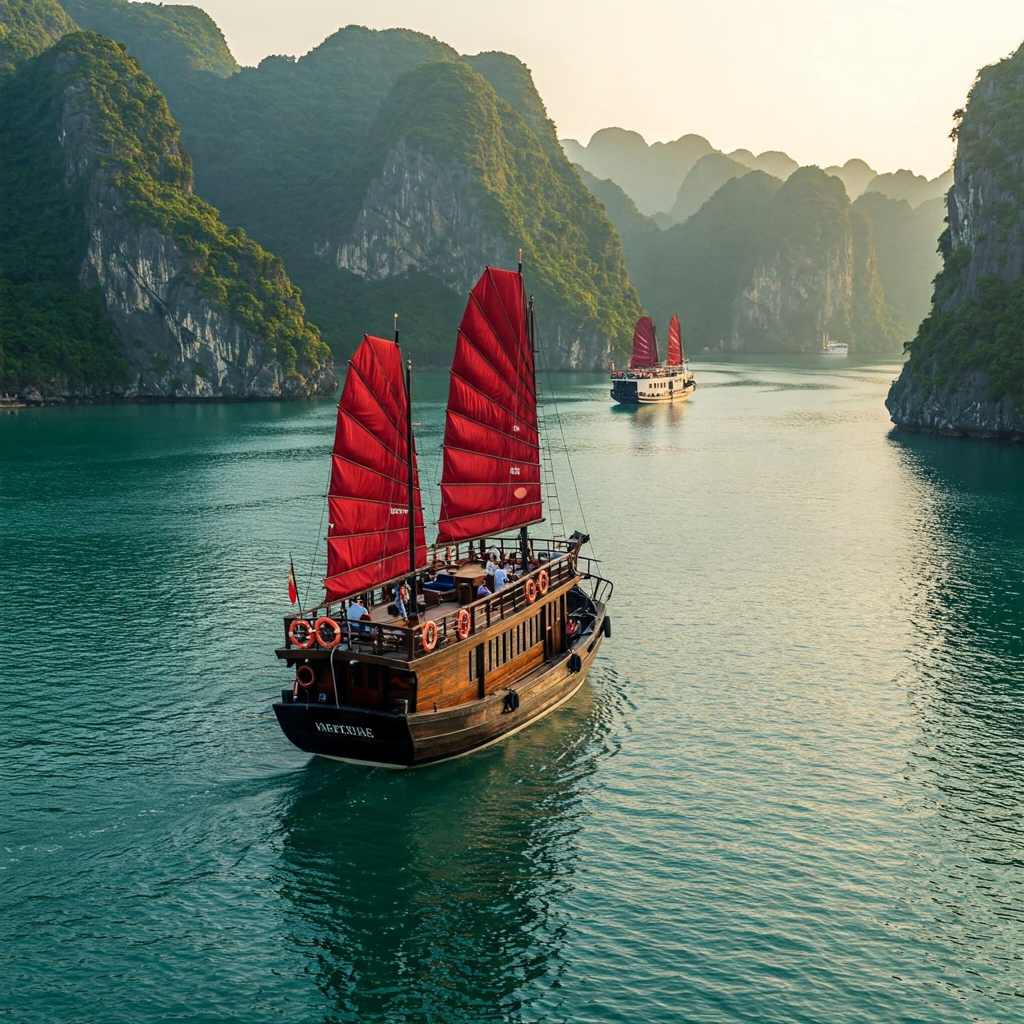 Junk boat with red sails cruising through limestone karsts, one of the best things to do in Ha Long Bay