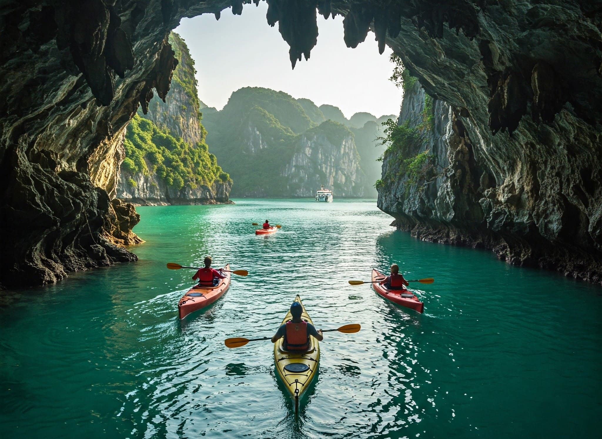 Kayakers exploring a hidden lagoon through a cave, a top thing to do in Ha Long Bay