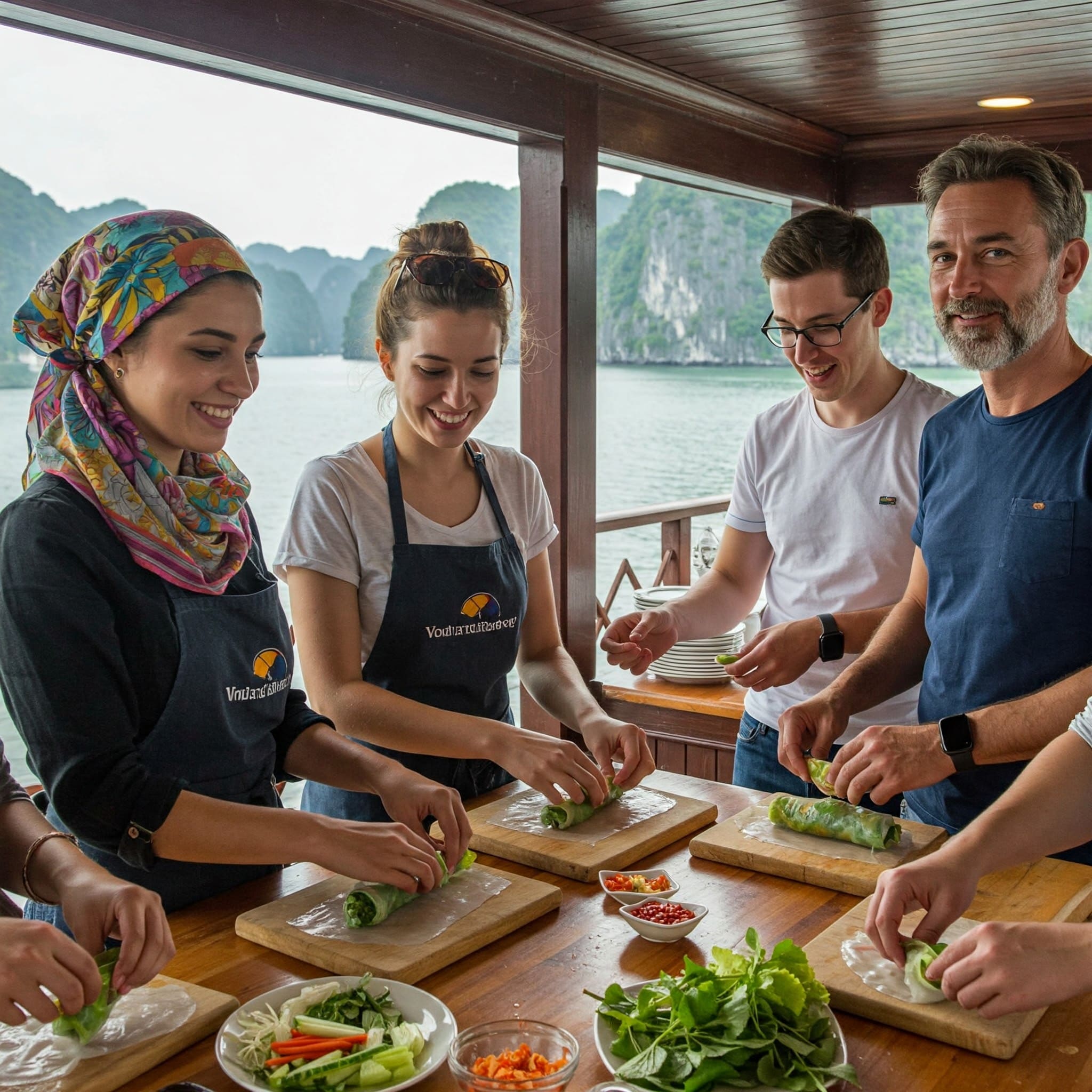 Travelers in a cooking class making spring rolls on a Ha Long Bay cruise, a tasty thing to do in Ha Long Bay