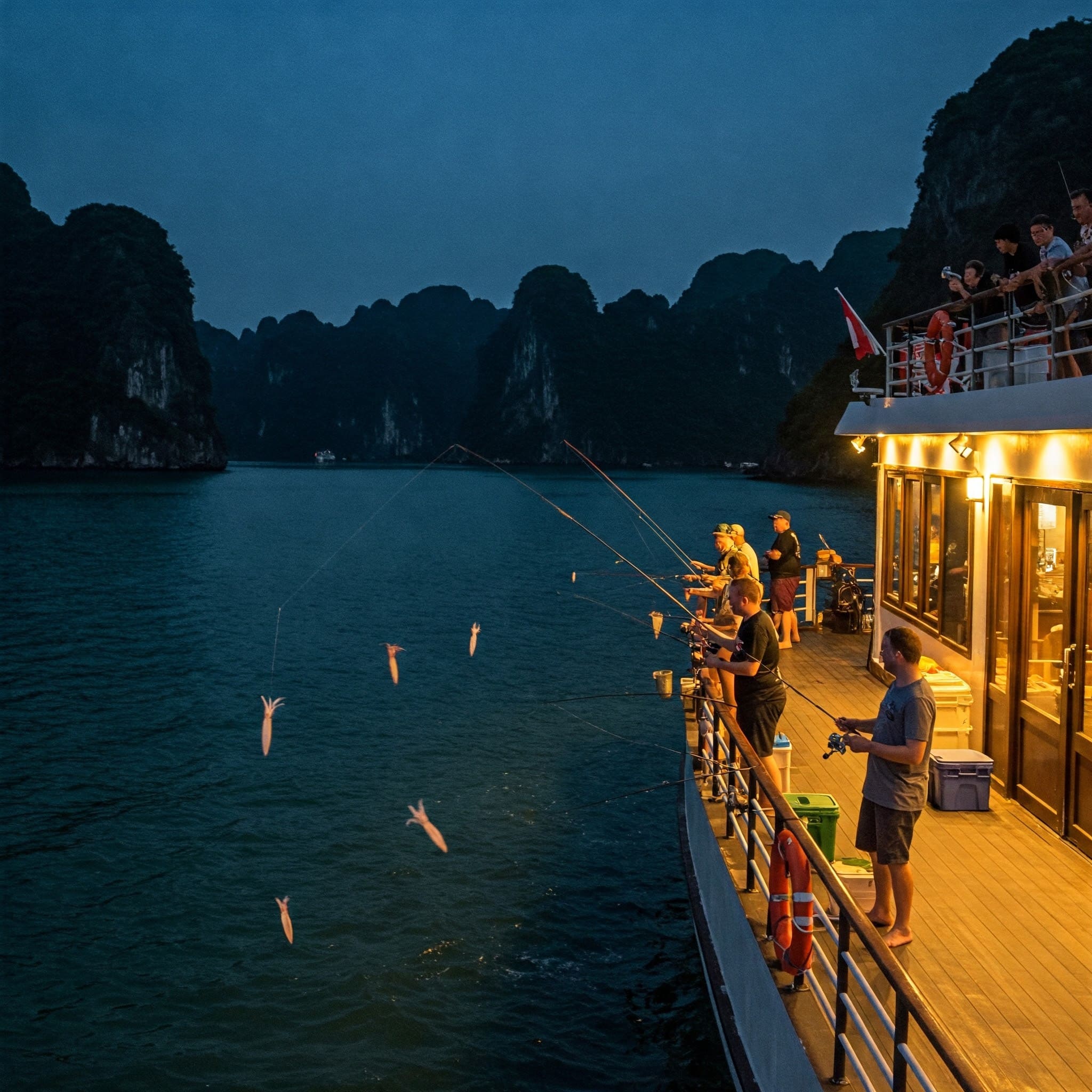Travelers squid fishing at night on a Ha Long Bay cruise, a unique thing to do in Ha Long Bay
