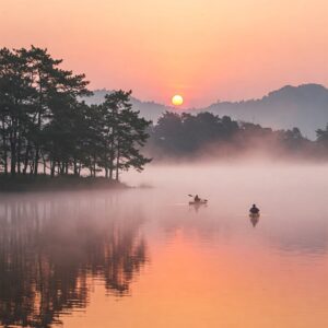 Tuyen Lam Lake in Da Lat, Vietnam, at sunrise with mist over the water and a kayak in the foreground, a serene natural attraction.