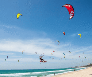 A kite surfer soaring above Rang Beach with colorful kites dotting the sky and waves crashing below.