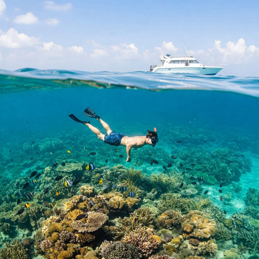Snorkeler at An Thoi Islands snorkeling spots in Phu Quoc, with vibrant reefs and a speedboat in clear waters. - Top 7 Snorkeling Spots in Phu Quoc
