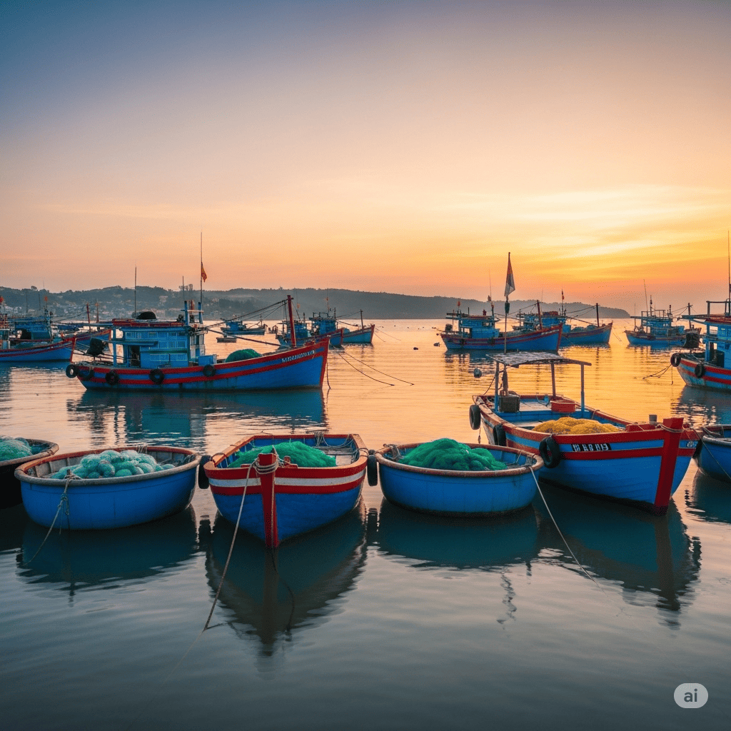 หมู่บ้านชาวประมงมุยเน่คึกคักไปด้วยชีวิตชีวาในยามพระอาทิตย์ขึ้น