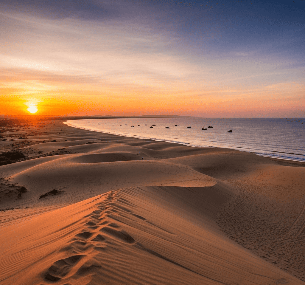 เนินทรายสีทองและคลื่นสีฟ้าครามยามพระอาทิตย์ตกดินบนชายฝั่งมุยเน่ แสดงให้เห็นถึงสิ่งที่ดีที่สุดของสิ่งที่น่าสนใจในมุยเน่ (สิ่งที่น่าสนใจในมุยเน่)