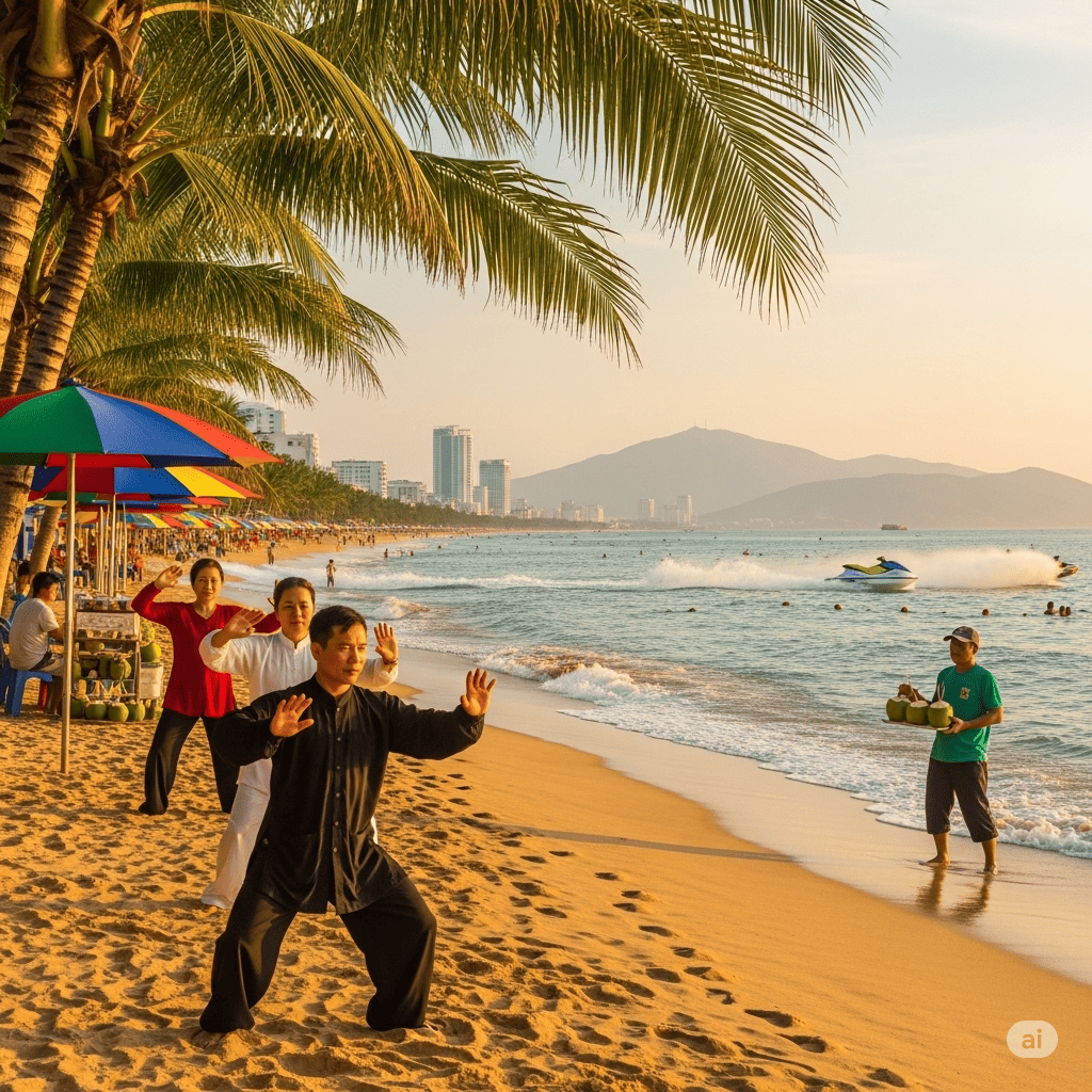 越南芽庄陈富海滩的金色日出，有翠绿的海浪、椰子树和水上摩托艇，展示了芽庄海滩的景点。 在芽庄做什么