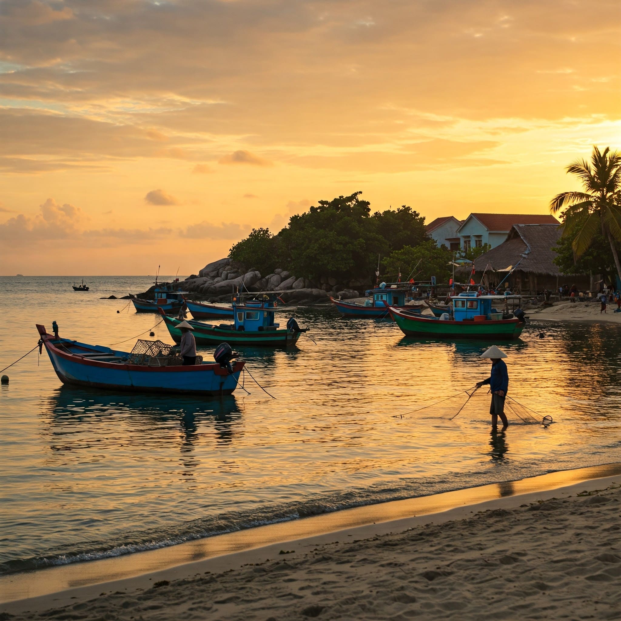 Fishing village near Starfish Beach snorkeling spot in Phu Quoc, showcasing local culture at sunset.