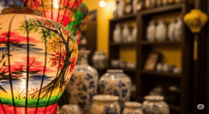 Local handicrafts, vibrant artwork in a charming Hoi An shop