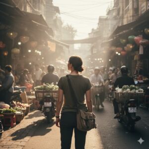 A solo female traveler navigating a bustling Hanoi street, demonstrating the importance of awareness during solo female travel in Vietnam.
