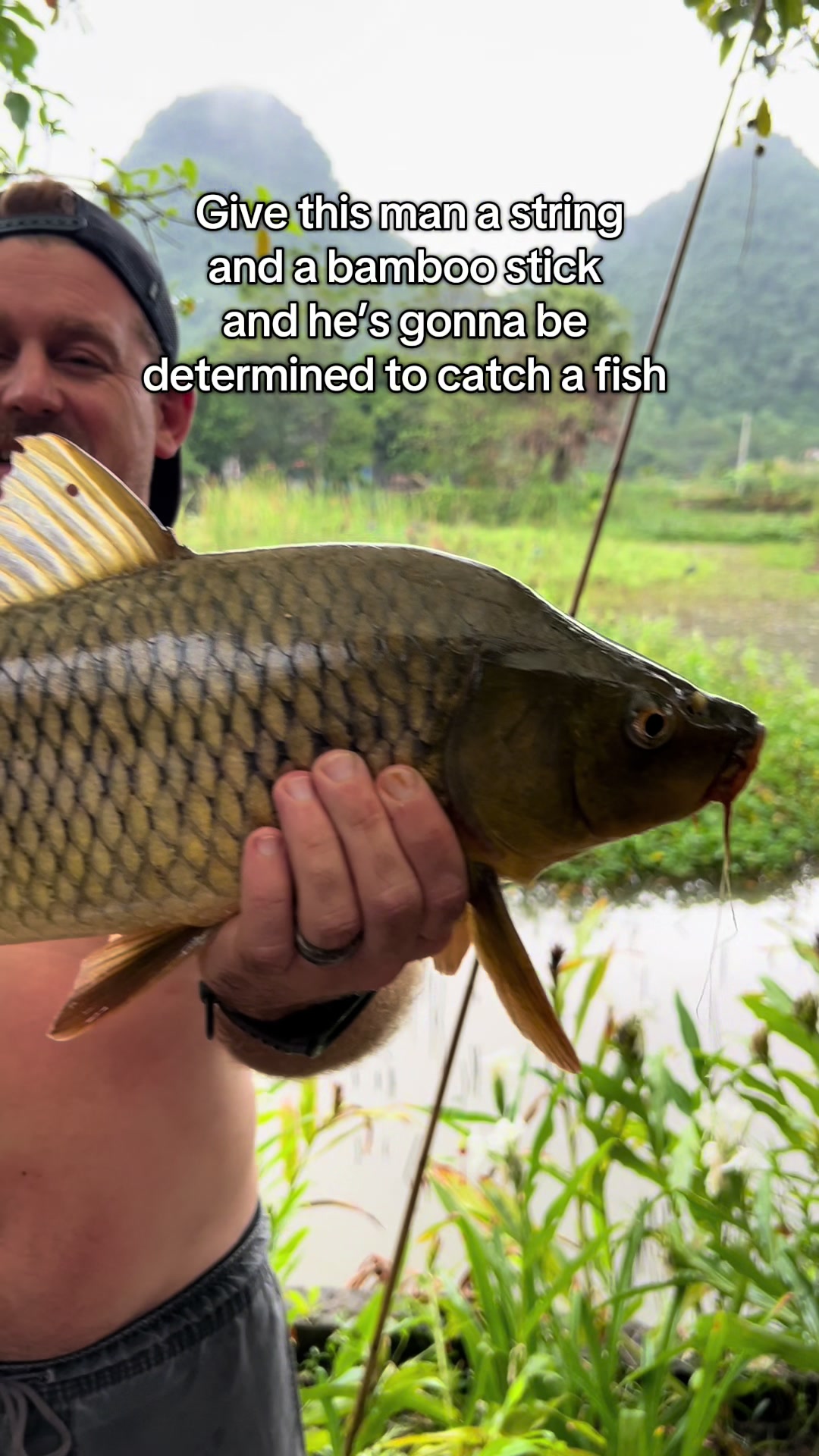 The second he saw our back patio, I knew he&rsquo;d be out there all day long fishing. #ninhbinh #vietnam #honeymoon #fishing #tamcocgardenresort #traveltok #fyp 