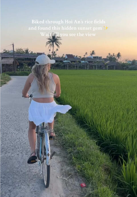 Still can&rsquo;t believe we found @RovingChillhouse just biking through the rice fields in Hoi An 🚲🌾 It&rsquo;s the dreamiest hidden gem for sunset. ✨ We stopped for a drink (the chocolate milkshake is incredible), watched the sky turn pink, and it ended up being one of our favourite evenings in Vietnam. So peaceful, I could have stayed here forever!  Bookmark this for your Vietnam trip 🇻🇳 and follow for more girls&rsquo; trip inspo, hidden gems & boujee-on-a-budget finds ✈️ #vietnamtravel #hoianvietnam #rovingchillhouse #travelgirlies #traveltok