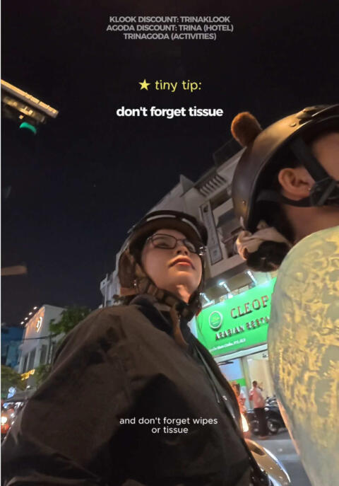 Replying to @TRINA | ur short girl sissy 🌺 🛵 MICHELIN-RATED FOOD TOUR BY SCOOTER IN HO CHI MINH CITY VIETNAM ⏰ Hotel pickup&mdash;be 10 mins early at your hotel lobby (or meetup point if far) 🌃 Night tour > less hot  🚫 Don&rsquo;t eat before the tour, there's a lot of food stops 🍜🍢 👕 Wear comfy + small bag only  🏙️ Expect walking + local stories  ⭐ Street food spots (not fine dining, but Michelin-rated!) 🧻 Bring wipes/tissue 🌶️ Tell them if you can&rsquo;t handle spicy 💵 Small cash for tips 🚦Traffic looks scary at first, but they&rsquo;ll take care of you Super fun and worth it if you want to explore local food without the stress ___________ btw here&rsquo;s my travel discount codes: 𖥔 ݁ ˖ KLOOK CODE: TRINAKLOOK 𖥔 ݁ ˖ AGODA CODE: TRINA (hotel 8% off) TRINAGODA (activities 5% off) 💙 how to redeem: open agoda app > click deals > click coupons > enter agoda discount code > book & enjoy big discounts 