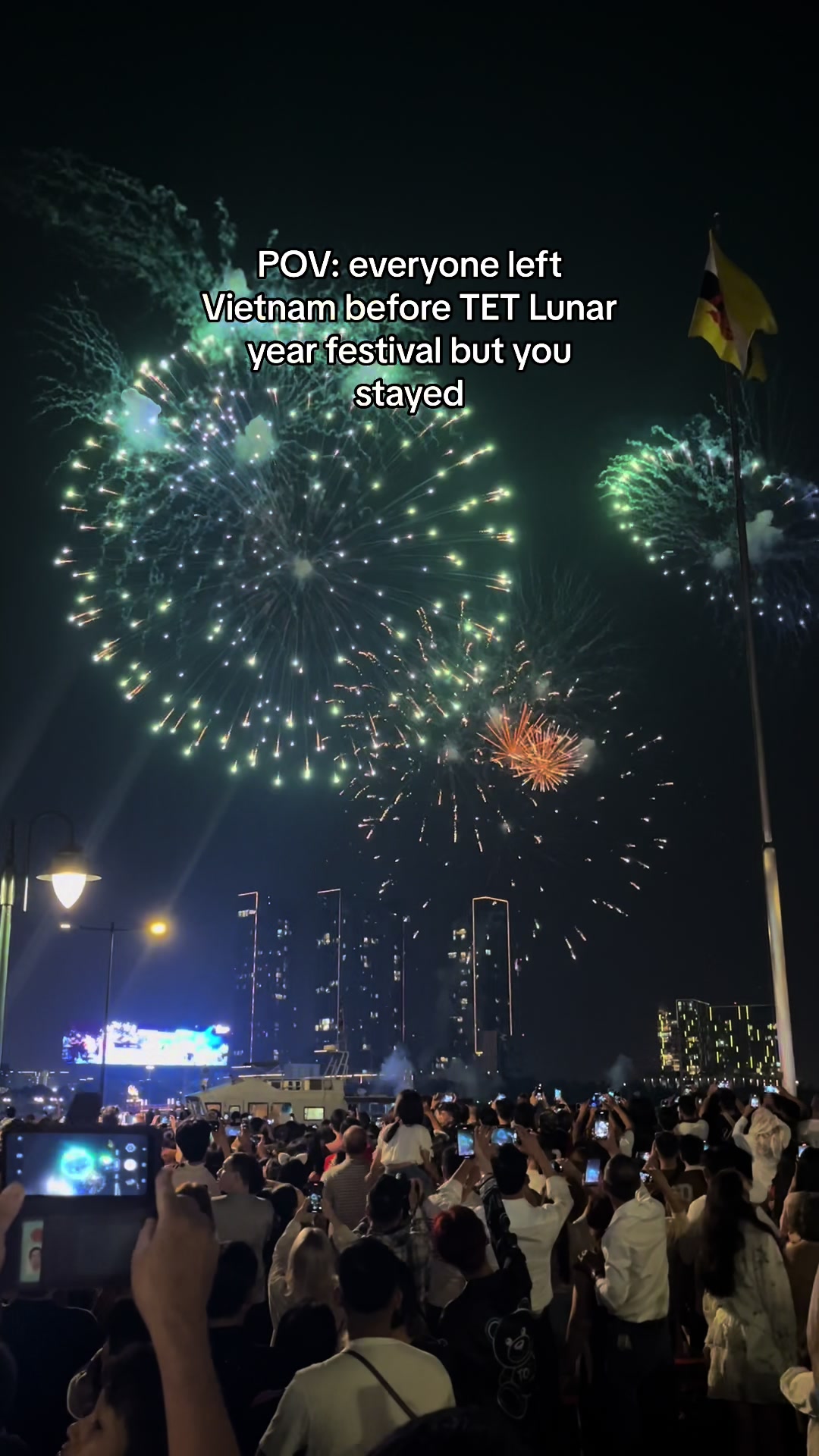 Celebrating TET Lunar new year festival in Vietnam 🇻🇳 📍Ho Chi Minh City  TET marks the first day of the Lunar New Year, and the beginning of spring in the North of Vietnam.  The lead up to this festival is so amazing. The city if filled with flourishing flower stalls, lanterns and vibrant colours. Families gather each night to have food together, play games and have a karaoke session. When we firet arrived in Vietnam, we met so many people who were urging/ advising us to make sure we left Vietnam before 8th February as there were rumours that nothing would be open in Vietnam, we would struggle for food and transport: this is not correct. Most shops have been open throughout the whole holiday and even on the day of TET (10th february).   Things that you will struggle with: 1. Transport: if you are heading north of vietnam close to this holiday, you will encounter cancelled buses or rearranged transport. We met a couple who were in Nha Trang and had been trying for 3 days to get transport up to the north. I would say to set up your base between 3 days before the festival so you dont face this problem.  2. Tourist attractions: all tourist attractions are closed on the day of this festival which makes total sense. We quite enjoyed a day of chilling out as travelling can become so face paced.  3. Food and drink shops: TET service charge is added in most restaurants so just double check the bill when paying.  Some shops will close between 2 days before TET and reopen around 2 days after. But you will certainly not struggle for food and drinks (in Ho Chi Minh City anyway)  We enjoyed a 1 hour dragon show which took place at 10pm and then a 20 minute firework display at 12am. 🎆  Of course you expect the hussle and bussle of getting back to your hotel after being in a huge crowd but we stayed 10 minute walking distance from the show so we faced no trouble with getting back.  Late night snack after the fireworks: mcdonalds!!  We had the best time being apart of this celebration and would encourage anyone to stay in Vietnam if you are travelling new the next lunar festival.  Any questions ask below ✨ #vietnam #tet #TET #tetvietnam #lunarnewyear #lunarnewyear2024 #yearofthedragon #dragondance #dragonshow #vietnamfirework #fireworks #firework #tetholiday #backpackingsoutheastasia #sea #SEA #southeastasia #culture #travelling 