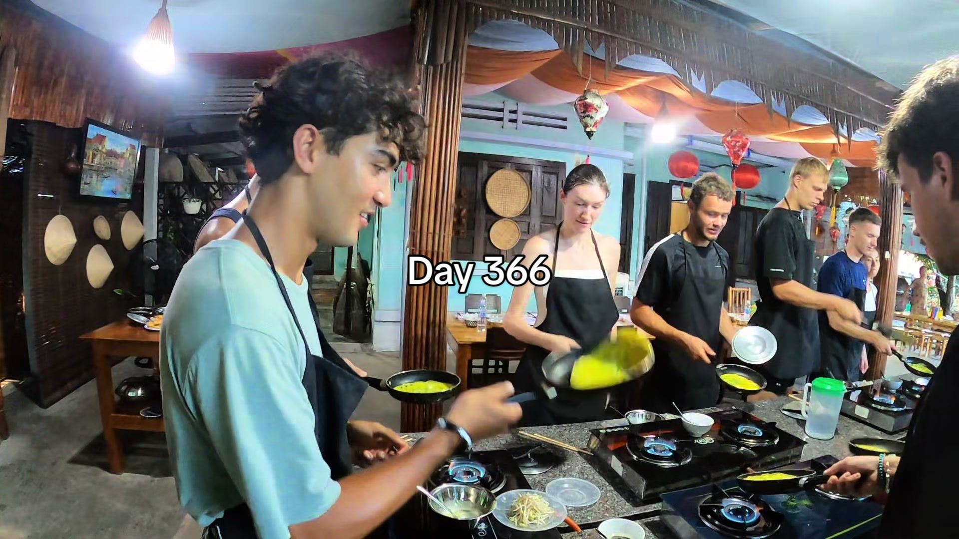 Day 366 - Hoi An Cooking Class with Tony & Sam They picked us up from our hostel, took us to the local market to try fresh fruits & learn about local veggies 🍊🥒, then onto a coconut boat tour 🌴 before heading to the kitchen. We cooked 5 dishes (ours were green papaya salad, spring rolls, b&aacute;nh x&egrave;o, phở & mango sticky rice 😍) and ended with a drink while enjoying the feast we&rsquo;d made. All this for 500k dong! 🙌 &bull; &bull; &bull; #fyp #hoian #vietnam #cookingclass #thingstodo 