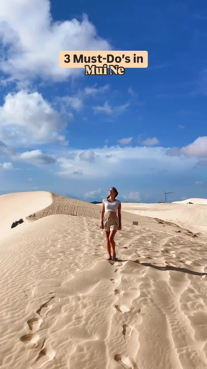 3 Things to do in Mui Ne: 1. ATV riding at White Sand Dunes 2. Watching the Sunset or Sunrise at Red Sand Dunes 3. Fairy Stream At the white sand dunes, you have two choices: either drive an ATV yourself for 800,000 Dong (staff will guide you) or you can let staff drive you for 600,000 Dong. We chose to drive ourselves but I recommend having a driver for a more exhilarating experience&mdash;they go really fast, making it even more fun 🤪 At the Red Sand Dunes, you can do sandboarding, with locals offering boards for 30,000 Dong. You can either do the sunset tour or sunrise tour of the Red Sand Dunes 🌅 At Fairy Stream you&rsquo;ll need to remove your shoes and leave them at the rack at the entrance. Wear water shoes if you have some. You will be able walking through ankle-deep water to reach the Natural Stream 🩴 You can also visit fisherman&rsquo;s village where you will see hundreds of boats in the water. This was my least fave place 🚤 I suggest booking the following tour, especially since you&rsquo;ll likely be covered in sand from sandboarding. The tour includes 1 night accommodation at a 4 star beach resort in Mui Ne. The thought of sitting on a bus for 3 hours and 30 minutes without showering sounds uncomfortable 😣  Tour Company: @GetYourGuide  Tour Name: From Ho Chi Minh To Mui Ne 2 Days Tour #muine #mũin&eacute; #muinevietnam #muinetrip 