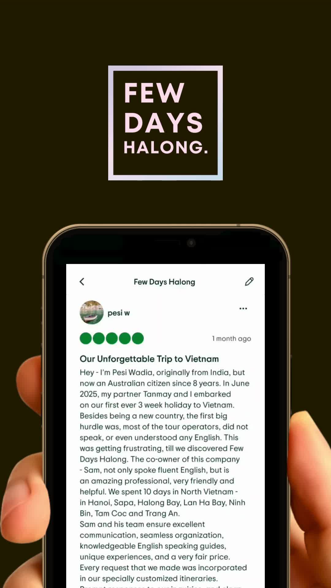 Massive thanks to Pesi for this glowing review! 💬 What started as a hunt for English-speaking guides in North Vietnam turned into 10 days of seamless travel...Hanoi, Sapa, Ha Long Bay, Lan Ha Bay, Ninh Binh, Tam Coc, and Trang An, all planned with clear communication, fair pricing, and zero stress. From tailoring a custom itinerary to ensuring every request was met, we kept everything smooth, personal, and hassle-free. If you&rsquo;re after stress-free travel across Vietnam&hellip; tailored to your pace, not a preset plan, you know where to find us.