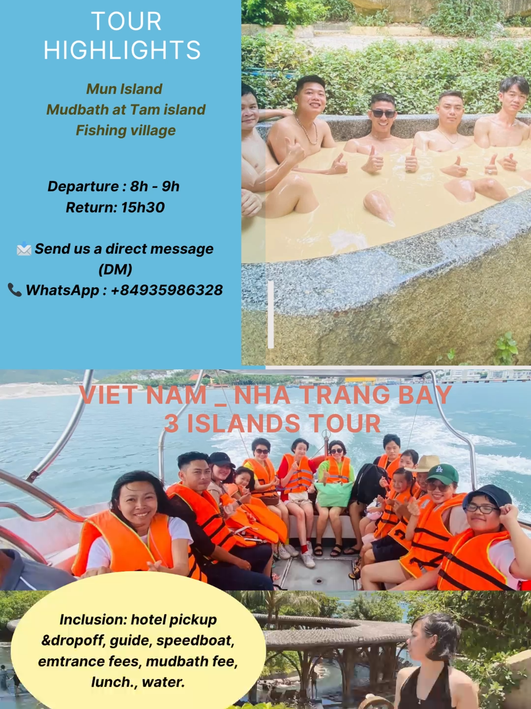 🏝️ 3-Island Group Tour &ndash; Nha Trang&rsquo;s Top Experience!   Join our Mun Island &ndash; Tam Island &ndash; Fishing Village group tour and explore the best of Nha Trang in just one day! 🌊🇻🇳   🕗 Departure: 8:00 &ndash; 8:30 AM  🕞 Return: ~3:30 PM   🎯 Tour Highlights: 🏝️ Mun Island &ndash; Snorkel in crystal-clear water & coral paradise!  #🧖 Tam Island &ndash; Relax with a unique tropical mud bath experience!                                    🐟 Fishing Village &ndash; Discover local life on floating houses   📞 Call us now to book your seat!         &ndash; DM to reserve today  🎟️ Only 850,000 VND/person    ✨ Group tours available daily!  ##💕 We also offer private tours for couples & families. #NhaTrangTour #VietnamTravel #IslandAdventure #HonTam #HonMun #SnorkelingVietnam #NhaTrangTour #3IslandTour #MunIsland #TamIsland #MudBathExperience #VietnamTrip #VietnamTravel #FishingVillage #SnorkelingNhaTrang #NhaTrangIslandTour #PrivateTourNhaTrang #TravelVietnam #TourNhaTrang #DuLichNhaTrang #HonMun #HonTam #TamIslandMudBath #ExploreVietnam #IslandHoppingVietnam