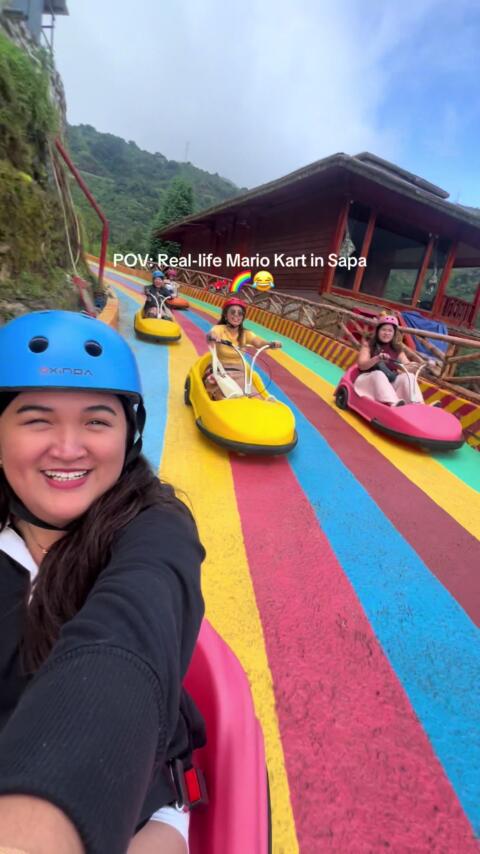 Feeling like F1 racers as we race down the winding mountain tracks of Sapa &mdash; laughing, screaming, and turning it into our own Mario Kart adventure 🏎️⛰️😂🌈 #SapaAdventures #VietnamTravel #MarioKartIRL #FYP #TravelTok