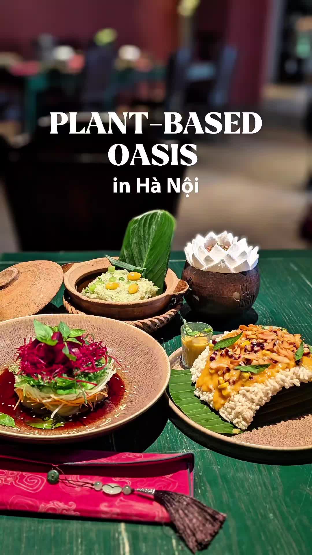 Escape the bustle of Hanoi into a soothing dining experience at Ưu Đ&agrave;m Chay. I was immediately inspired by the attention to aesthetic detail with the lovely table setting and the lotus napkin/toothpick arrangement ✨ This plant-based Michelin Bib Gourmand restaurant highlights fresh regional ingredients and a beautifully creative vegan/vegetarian menu. It was hard to choose, but these are the ones that caught my eye: 🌽 Crispy Rice with Corn Sauce and Fragrant Basil Leaves had a fun textural contrast and the sauce was mildly sweet with a slow spicy kick  🪷 Royal Lotus Salad was a vibrant feast for the eyes with a very unique lotus root from the Đồng Th&aacute;p Mười region. Stacked with carrot, cucumber, celtuce, seaweed, and beets, it was very refreshing and lightly seasoned with a hint of sesame 💚 Fried Rice with Pandan Leaf was buttery and comforting. The pandan wasn't overpowering and there was a note of black pepper. The puffed rice, peas, celtuce, and gingko nuts were lovely compliments to the rice  It was a beautiful dining experience, every seat in this three-story restaurant feels special. And while it is more high-end than most restaurants in the city this meal (including a drink) was US$23 🌿 📍Ưu Đ&agrave;m Chay 55 Nguyễn Du, Ho&agrave;n Kiếm, H&agrave; Nội, Vietnam #plantbasedtravel #vegantravel #veganvietnam #slowtravelling 