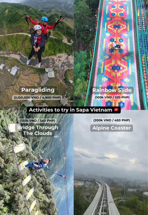 Fun Activities in Sapa Vietnam! 📍 Paragliding (2,150,000 VND / 4,900 PHP) 📍 Sapa Green Valley Rainbow Slide (100k VND / 220 PHP) 📍Bridge Through The Clouds (150k VND / 340 PHP) 📍Alpine Coaster (200k VND / 450 PHP) #sapavietnam #fansipan #sapa #vietnam #vietnamtravel