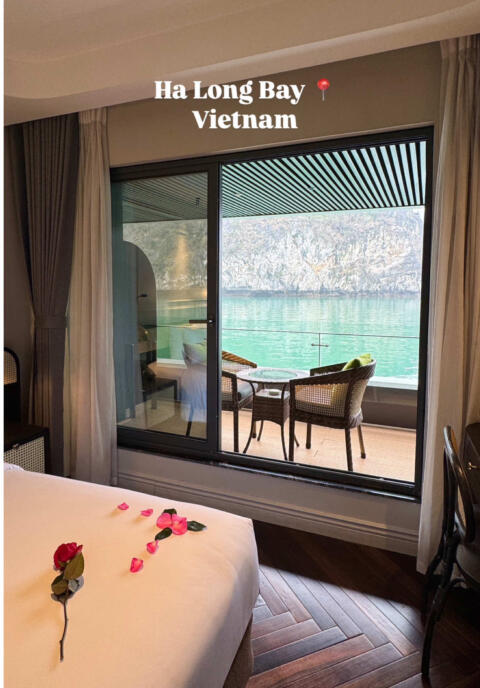 Ha Long Bag 📍 Vietnam Stop 3 of our 9 locations is on the Elite of the seas 3 day cruise.  It is HEAVEN. #travelvlog #vietnam #halongbay #halongbaycruise #halongbayluxurycruises #traveltiktok 